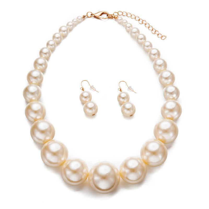 Yuhuan Womens Faux Big Pearl Choker Necklace and Earring Set Fashion Pearl Set - Image 1
